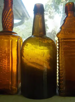 $70 • Buy 1840s PONTILED 3 PC MOLD STODDARD OLIVE AMBER ALE BOTTLE DRIPPY APPLIED LIP