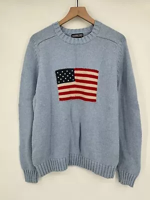 Vintage Lands End USA American Flag Sweater Light Blue Mens Size Large • $27.99