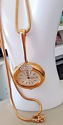 VTG MCM Trifari Gold Tone Pendant Watch With Clear Rhinestones And Snake Chain • $81.95