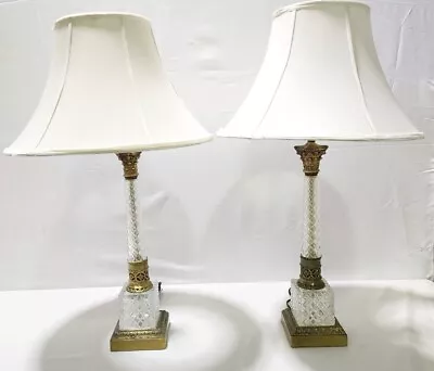 Pair Stunning Hollywood Regency Baccarat Style Cut Crystal & Brass Table Lamps • $178