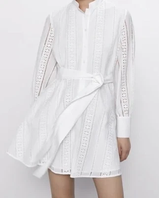 £45 • Buy Zara White Broderie Lace Button Shirt Belted Eyelet Embroidered Dress  XXL Mini