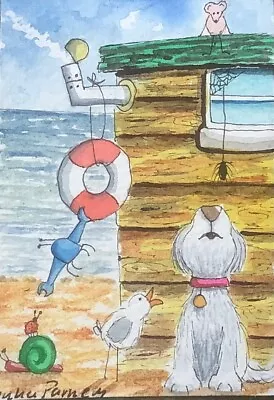 ACEO Original Watercolour Painting Seascape Beach Hut Dog Mouse Spider Crab • £4.99