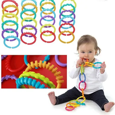 24PCS Kids Infant Play-Mat Toys Plastic Baby Stroller Ring Links Rainbow Teether • £9.48