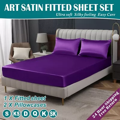 Smooth 2200TC Art Silk Satin Fitted Pillowcases Sheet Set KS Double Queen King • $27.98