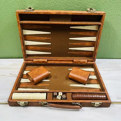 VTG 1970s Chocolate & Ivory Bakelite Backgammon Set In Faux Leather Briefcase • $23.50