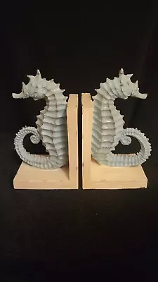 Rare Seahorse Bookends Resin/ Carved Wood Look Beige Teal Turquoise Nautical VTG • $25