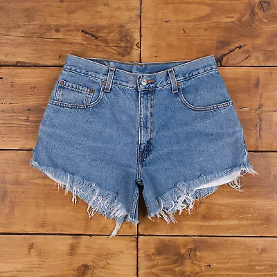 Vintage Levi's Denim Shorts 32 Levis 560 Raw Hem Jorts Womens Stonewash Blue • £22.49