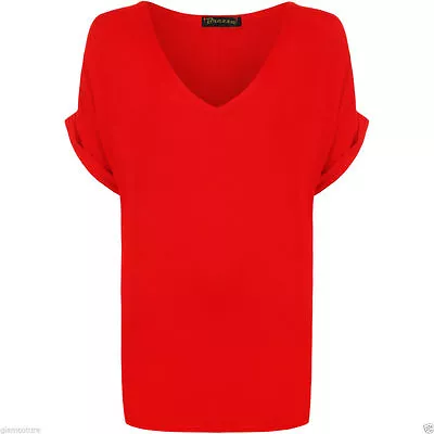 Womens Baggy  Oversized Fit V Neck Turn Up Sleeve Top Loose Batwing T-Shirt Tops • £8.99