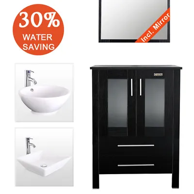 Bathroom Vanity 24  W/ Top Mirror White Ceramic Sink Faucet Single Wood Modern • $247.48