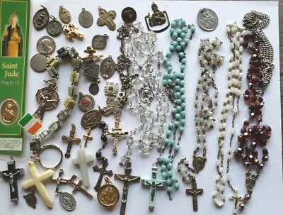 Vtg Rosary Beads Lot Repair Parts Grn Wht Red Glass Saints Medals Crucifix • $0.99