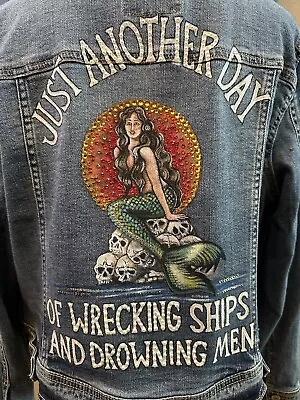 HAND PAINTED Mermaid Siren Skulls Denim Bling Jacket  Mossimo SZ XXL OOAK • $365