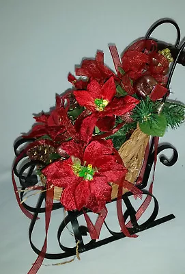 Wicker Metal Sleigh Christmas Centerpiece Decoration Red Poinsettia Pinecones  • $47.97