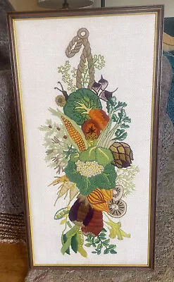 Large 15.5 X 29.5 Framed Vintage Crewel VEGETABLES Wall Hanging • $29.99