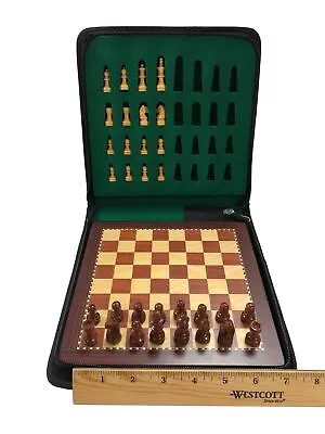 7 3/4 Wood Magnetic Travel Chess Set - Brown - Wood Board Wood Pieces W/ Case • $44.95