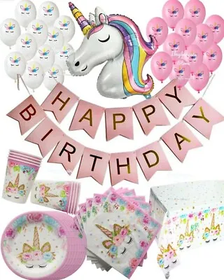 Magical Unicorn Happy Birthday Girls Children Tableware Set Supplies Balloons • £0.99