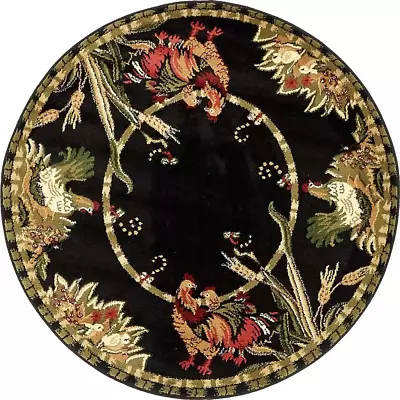 Round Area Rug Barnyard Farm Black 4 Ft. X 4 Ft. Rooster Fade Stain Resistant • $27.90