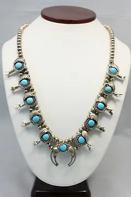 Vintage Navajo Turquoise Sterling Silver Squash Blossom Necklace 23'' Signed ED • $695