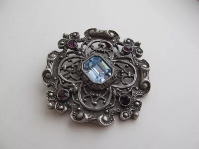 Vintage Sterling Silver Fancy Design Brooch Blue & Pink Faux Stone Accents • $35