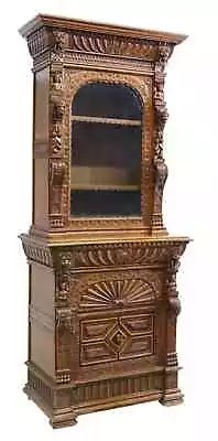 Cabinet French Renaissance Revival Carved Oak Glazed Door Lion Mask  1800s! • $2687.34