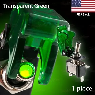 GREEN LED Toggle Switch 12V 20A SPST Car ON/OFF TRANSPARENT Missile Flick Cover • $10.95