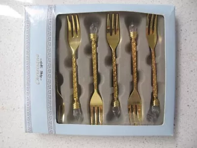 Vintage Set 6 Christiana Gold Cake Sweet Fruit Forks With Crystal Ends • $9.99