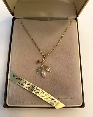 Vintage Krementz 14Kt Gold Overlay Ruby & Cultured Freshwater Pearl Necklace 18  • $59