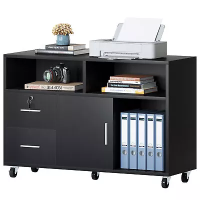 Wood File Cabinet Mobile Lateral Storage Black W/ 2 Drawers Home Office Shelves • $79.99