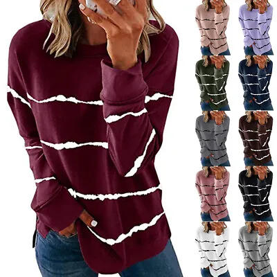 Women Striped Zip Up Long Sleeve T Shirt Casual Loose Tunic Tops Blouse Pullover • £12.19