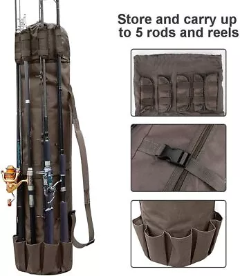 Canvas Fishing Rod Reel Organizer Bag Travel Carry Case Bag Holds 5 Poles Tackle • $42.35