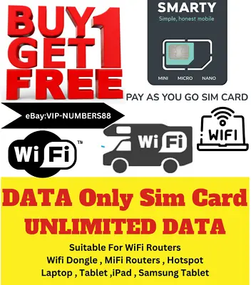 SMARTY Data Only Wi-Fi Router Camper Van MiFi Sim Card Pay As You Go WiFi Dongle • £0.99