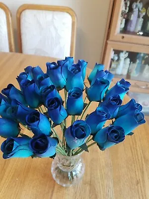 1 Dozen - Light Blue/ Blue Wooden Rose Buds 5 X 8 Artificial Flowers • $14.99
