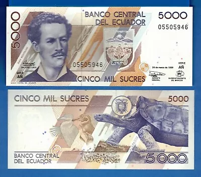 Ecuador P-128 5000 Sucres Year 1999 Uncirculated World Paper Money Banknote • $5.95