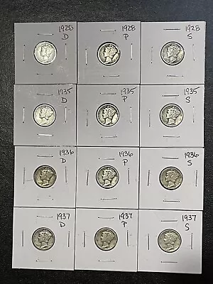 (12 Coins) (P D S Mint Of Each Year) 1928 1935 - 1937 Mercury Dimes • $16