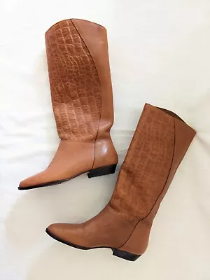 Size 37 US 6 Vintage 80s Tan Leather Calf Length Boots Flat • $25