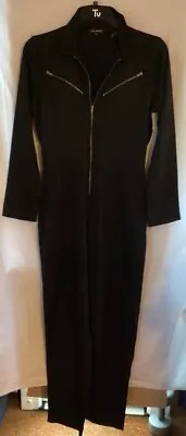 80s Look Black / Gold Zipped Collared Long Sleeve Straight Leg Jumpsuit Size 10 • £5