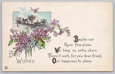 Stecher~425 D~Best Wishes~Violets~Bird Flying Over Lake House~PM 1915 Postcard • $2.80