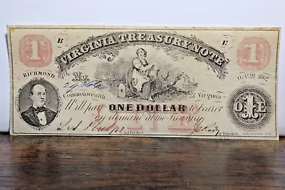 1862 $1 Obsolete One Dollar Commonwealth Of Virginia Treasury Note Richmond Va. • $55