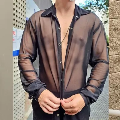 See-Through Mesh Long Sleeve T-Shirt Clubwear Shirt Tops Sexy Mens Button Shirts • £17.99