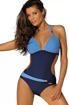 New Laides Blue & Navy Belted Cut Out Sides Swimsuit Swimwear Size Small • £8