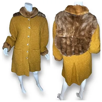 Vintage 60’s-70’s Mink And Wool Coat Unique Mustard Yellow Sz Medium Large • $129