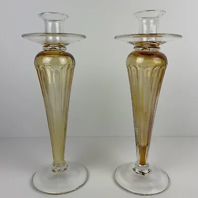Vintage Pair Of VENETIAN MURANO Clear & Amber Glass Candlesticks Candle Holders • $129.99