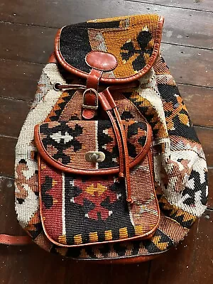 Vintage Weaved Fabric & Leather Backpack • £12.99