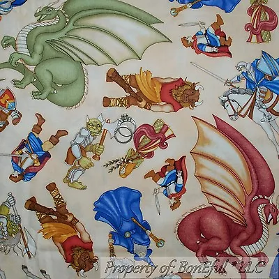 BonEful Fabric FQ Cotton Quilt Cream Blue Medieval Owl Horse Dragon Magic Wizard • $6.84