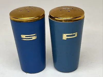 Mid Centiry Modern Wooden Salt And Pepper Shakers Blue Gold 2 1/2  • $12