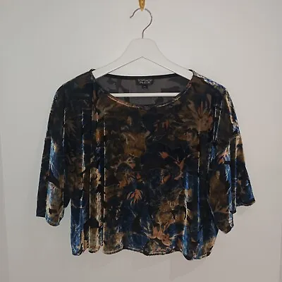 Topshop Size 10-12 Velvet Floral Cropped Dressy Top Relaxed Fit 3/4 Sleeve Vgc • £9