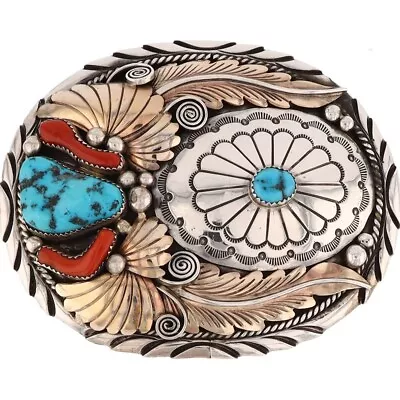 XL Sterling Silver Turquoise Coral Ray Yazzie Navajo Western 82g Vtg Belt Buckle • $1045