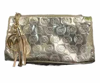 😎😎😎MICHAEL KORS Gold Metallic Logo Clutch Makeup Bag Wallet Leather Tassel • $44