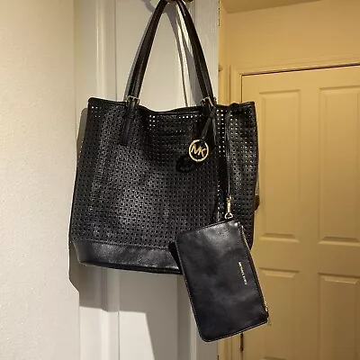 Michael Kors Black Perforated Leather Tote Shopper Bag Handbag With Pouch 16x13” • $89.99