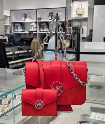 Michael Kors Carmen Md Convertible Shoulder Flap Bag + Wallet Bright Red • $149.80