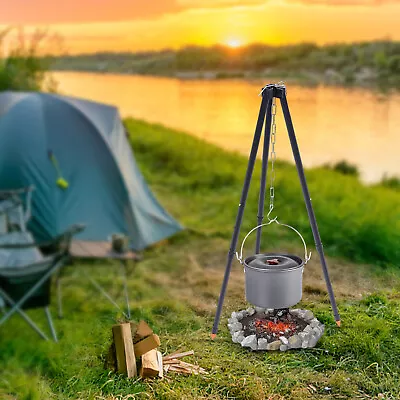 Portable Outdoor Camping Cooking Tripod Grill Grate Hanging Pot Stand Cookware • $27